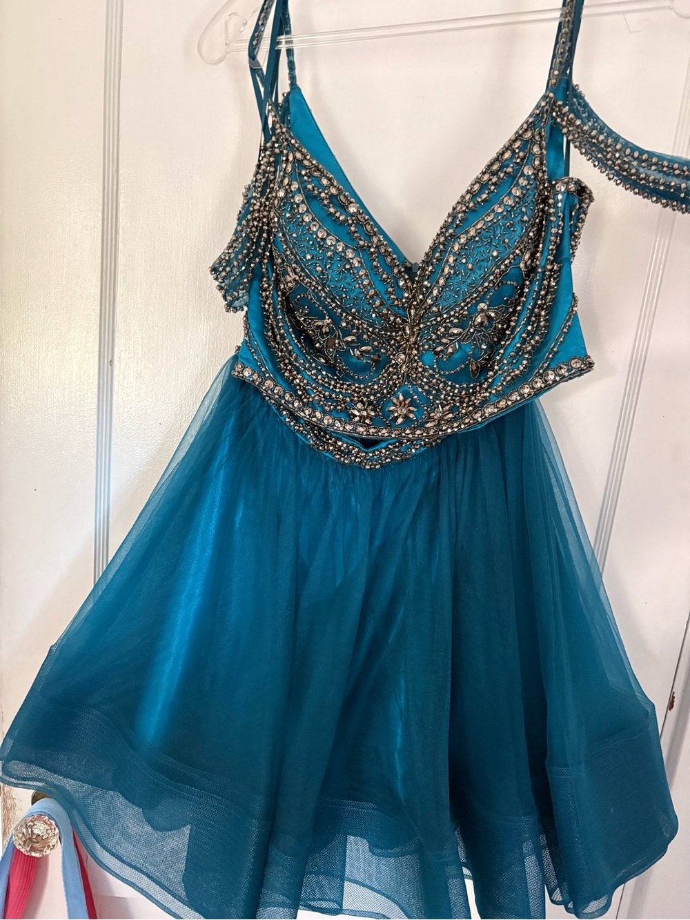 Mon Cheri Teal Beaded Tulle and Satin Prom Dress